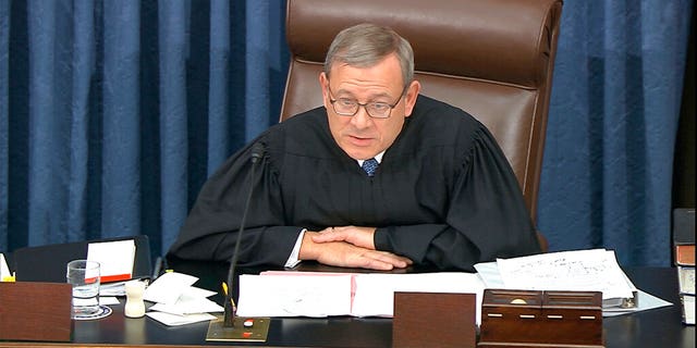 In this image from video, presiding officer Supreme Court Chief Justice John Roberts admonishes the impeachment managers and president's counsel in equal terms as he speaks during the impeachment trial against President Donald Trump in the Senate at the U.S. Capitol in Washington, Wednesday, Jan. 22, 2020. Roberts asked them to "avoid speaking in a manner and using language that is not conducive to civil discourse." (Senate Television via AP)