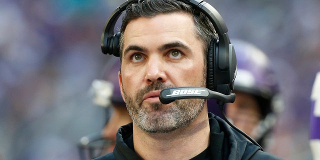 FILE - In this Sunday, Dec. 16, 2018, file photo, Minnesota Vikings interim offensive coordinator Kevin Stefanski watches from the sideline during the first half of an NFL football game against the Miami Dolphins in Minneapolis. (AP Photo/Bruce Kluckhohn, File)