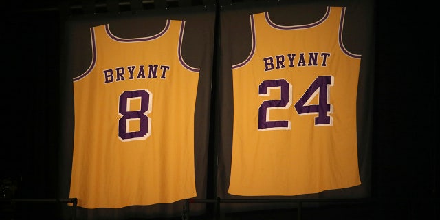 Los Angeles Lakers jersey numbers belonging to retired NBA player Kobe Bryant inside Staples Center before the start of the 62nd annual Grammy Awards on Sunday in Los Angeles. (Photo by Matt Sayles/Invision/AP)