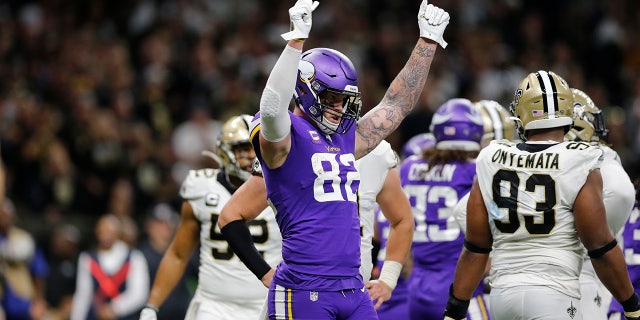 Minnesota Vikings tight end Kyle Rudolph (82) celebrating a touchdown by Dalvin Cook in the second half of the NFL wild-card playoff game against the New Orleans Saints on Sunday. (AP Photo/Brett Duke)