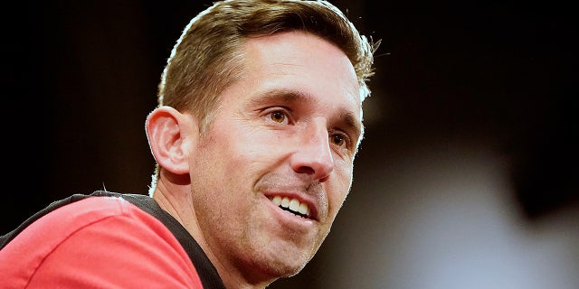 San Francisco 49ers head coach Kyle Shanahan speaks to reporters after a practice at the team's NFL football training facility in Santa Clara, Calif., (AP Photo/Tony Avelar)
