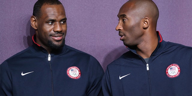 LeBron James and Kobe Bryant look on during a basketball press conference ahead of the London 2012 Olympics on July 27, 2012 in London, England. (Photo by Jeff Gross/Getty Images)
