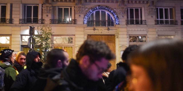 Protestors gather in front of the Bouffes du Nord theatre in Paris on January 17, 2020 as French President attends a play. - Protestors demonstrate against French President policy including the pension reform. (Photo by Lucas BARIOULET / AFP) (Photo by LUCAS BARIOULET/AFP via Getty Images)