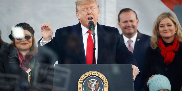 President Donald Trump speaks at the "March for Life" rally, Friday, Jan. 24, 2020, on the National Mall in Washington. (AP Photo/Patrick Semansky)