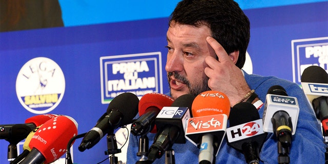 The League leader Matteo Salvini gives a press conference after polls closed in a regional election for the region of Emilia Romagna, in Bentivoglio, near Bologna, Italy, late Sunday. (Stefano Cavicchi/LaPresse via AP)