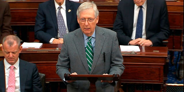 In this image from video, Majority Leader Sen. Mitch McConnell, R-Ky., speaks as the impeachment trial against President Donald Trump begins in the Senate at the U.S. Capitol in Washington, Thursday, Jan. 16, 2020. (Senate Television via AP)