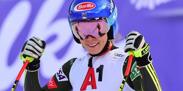 The United States' Mikaela Shiffrin smiles as she gets to the finish area after completing an alpine ski, women's World Cup super-G, in Bansko, Bulgaria, Sunday, Jan. 26, 2020.