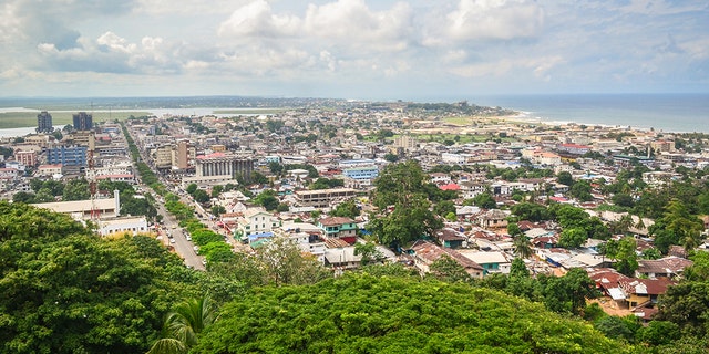Monrovia, the capital city of Liberia, West Africa, seen from the top of the ruins of Hotel Ducor. The main streets of the peninsula are clearly visible.
