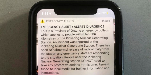 An emergency alert issued by the Canadian province of Ontario reporting an unspecified "incident" at a nuclear plant is shown on Sunday.
