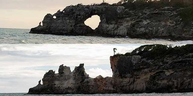 This combo of two photos shows "Punta Ventana," or Window Point, in Guayanilla, Puerto Rico on Jan. 27, 2019, top, before it fell, and after it fell on Jan. 6, 2020 due to an earthquake.