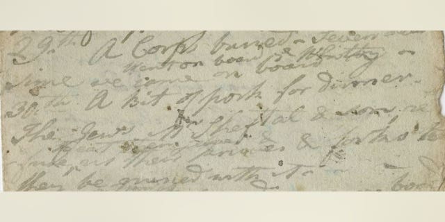 The diary entry recovered from the body of Rev. Moses Allen that describes how the British prevented Jewish prisoners from keeping kosher. (Raab Collection)