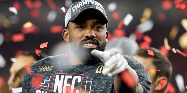 San Francisco 49ers running back Raheem Mostert celebrates after the NFL NFC Championship football game against the Green Bay Packers Sunday, Jan. 19, 2020, in Santa Clara, Calif. The 49ers won 37-20 to advance to Super Bowl 54 against the Kansas City Chiefs. (AP Photo/Tony Avelar)