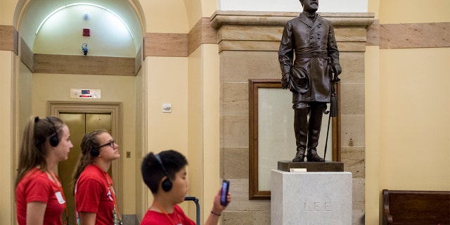 Virginia's statue of Confederate general Robert E. Lee stands in the Crypt in the U.S. Capitol. (Photo By Bill Clark/CQ Roll Call)