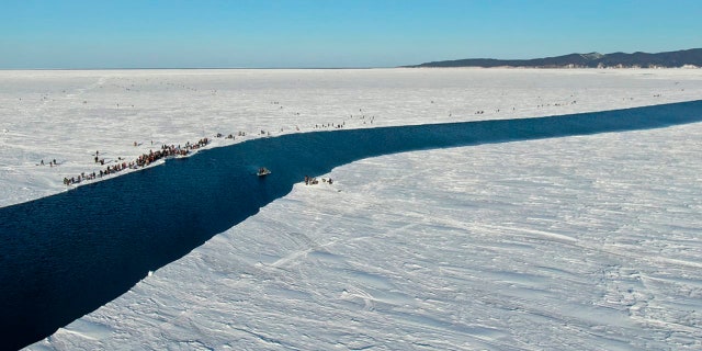 A group of fishermen in Russia use a smaller piece of ice as a raft trying to row to the coast, as the ice floe with stranded fishermen on them slowly drifted further away from the land in eastern Siberia, Russia.