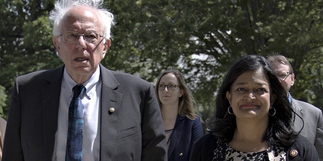 Sen. Bernie Sanders and Rep. Pramila Jayapal on Capitol Hill in June 2019.