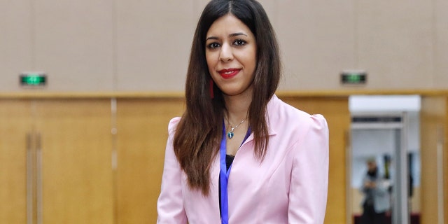 Shohreh Bayat, chief arbiter for the match between Aleksandra Goryachkina of Russia and Ju Wenjun of China, poses for photos before the match during the 2020 International Chess Federation (FIDE) Women's World Chess Championship in Shanghai on January 11, 2020. (Photo by STR/AFP via Getty Images)