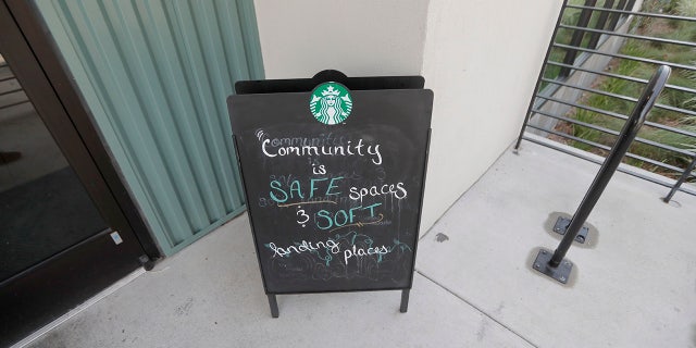 A sign at a Starbucks on South Claiborne Ave. in New Orleans reflects the community philosophy of the franchise, Thursday. (AP Photo/Gerald Herbert)