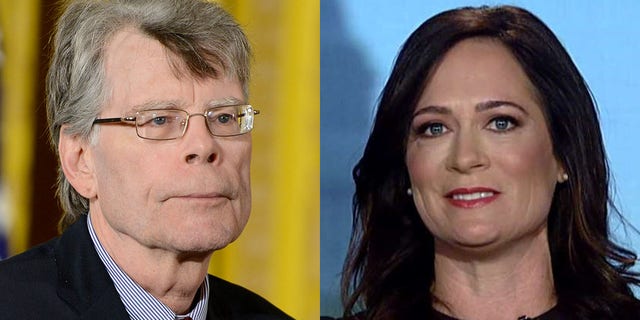 Stephen King, left, and fellow author Don Winslow tried to persuade White House press secretary Stephanie Grisham to hold a traditional press briefing at the White House.