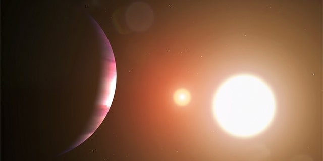 Artist's impression of planet TOI 1338 b and its two stars.