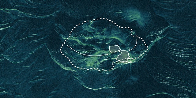A visualization of the Taal volcano's crater lake. The dashed line shows the lake's waterline before the volcano's eruption and the solid line shows the lake's waterline on Jan. 16, 2020.