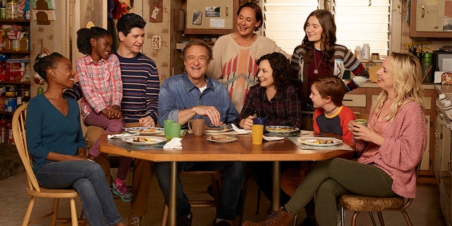 'The Conners' stars Maya Lynne Robinson as Geena Williams-Conner, Jayden Rey as Mary, Michael Fishman as D.J. Conner, John Goodman as Dan Conner, Laurie Metcalf as Jackie Harris, Sara Gilbert as Darlene Conner, Emma Kenney as Harris Conner, Ames McNamara as Mark, and Lecy Goranson as Becky Conner. (Robert Trachtenberg/Walt Disney Television via Getty Images)