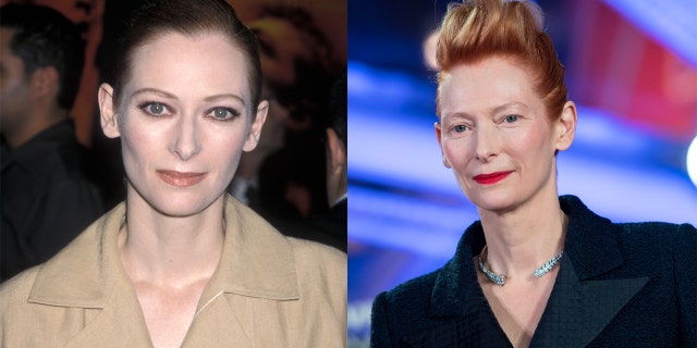 Tilda Swinton at "The Beach" premiere (left) and at the Marrakech International Film Festival in December 2019 (right).