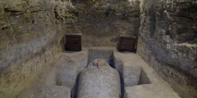 This photo provided by Egypt's antiquities ministry, shows one of sarcophagi discovered in the village of Tuna al-Gabal, near the Nile Valley city of Minya.