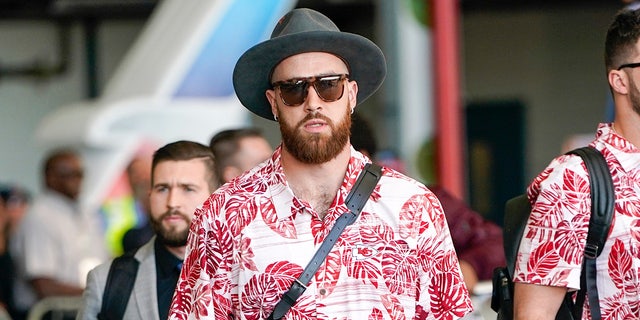 Kansas City Chiefs' Travis Kelce arrives for the NFL Super Bowl 54 football game Sunday, Jan. 26, 2020, at the Miami International Airport in Miami. (AP Photo/David J. Phillip)