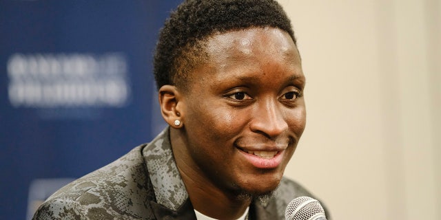 Indiana Pacers guard Victor Oladipo answers questions during a news conference before an NBA basketball game in Indianapolis, Wednesday, Jan. 8, 2020. (AP Photo/AJ Mast)