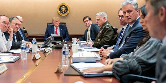 President Donald J. Trump, joined by Vice President Mike Pence, meets with senior White House advisors Tuesday evening, Jan. 7, 2020, in the Situation Room of the White House, on a further meeting about the Islamic Republic of Iran missile attacks on U.S. military facilities in Iraq. 