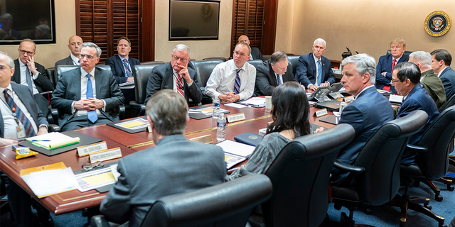 President Donald J. Trump, joined by Vice President Mike Pence, meets with senior White House advisors Tuesday evening, Jan. 7, 2020, in the Situation Room of the White House, on a further meeting about the Islamic Republic of Iran missile attacks on U.S. military facilities in Iraq.
