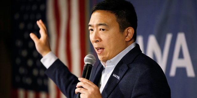 Democratic presidential candidate entrepreneur Andrew Yang speaks at a campaign event at a bar Wednesday, Jan. 22, 2020, in Waukon, Iowa. (AP Photo/John Locher)