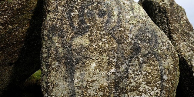 The figures were daubed on one of the granite stones which is part of the Neolithic Mulfra Quoit - that are more than 5,000 years old. The graffiti has caused outrage among the local community and groups that work to protect and preserve the monuments.The stones were believed to have been deliberately targetted due its difficulty to reach up a steep hill in West Cornwall. (Credit: SWNS)