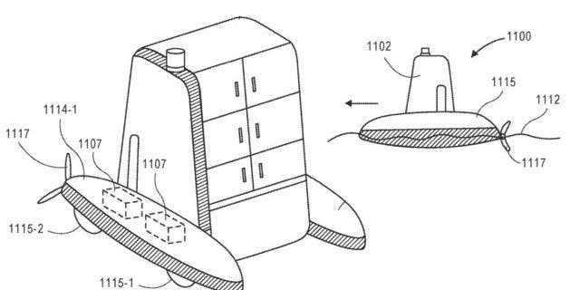 Alternate designs for Amazon’s storage compartment vehicle are adapted for aerial (left) or water-based (right) transportation. (Amazon Illustration via USPTO)