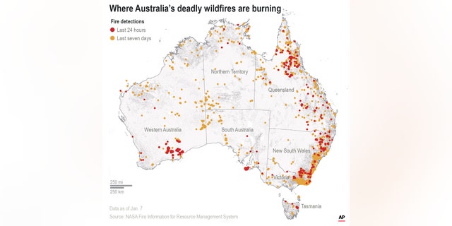 Map locates detected fires in Australia over the last 24 hours and last 7 days. (Credit: AP Photo/Rick Rycroft)