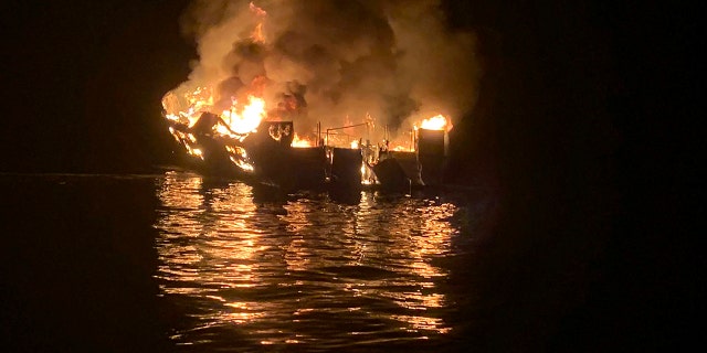 In this Sept. 2, 2019, file photo provided by the Santa Barbara County Fire Department, the dive boat Conception is engulfed in flames after a deadly fire broke out aboard the commercial scuba diving vessel off the Southern California Coast. (Santa Barbara County Fire Department via AP, File)
