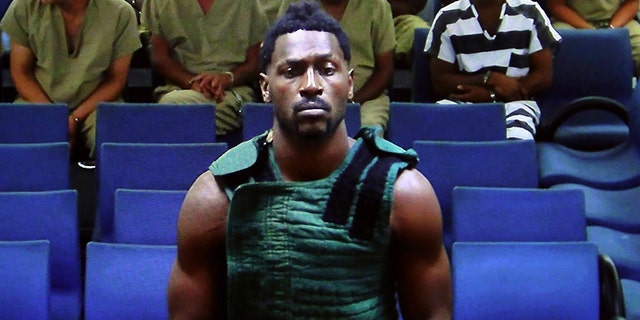 NFL free agent Antonio Brown appears at the Broward County Courthouse in Fort Lauderdale, Fla., via video link Friday, Jan. 24, 2020. Brown was granted bail on Friday after spending the night in a Florida jail. T (Amy Beth Bennett/South Florida Sun Sentinel via AP, Pool)