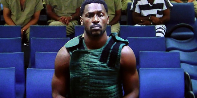 NFL free agent Antonio Brown appears at the Broward County Courthouse in Fort Lauderdale, Fla., via video link Friday, Jan. 24, 2020. Brown was granted bail on Friday after spending the night in a Florida jail. T (Amy Beth Bennett/South Florida Sun Sentinel via AP, Pool)
