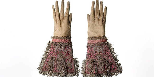 The elaborate pair of gloves said to have been worn by Charles I at his execution.