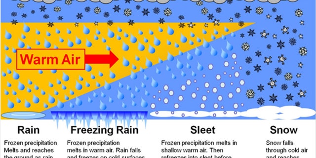 A graphic depicting the difference between rain, freezing rain, sleet, and snow.