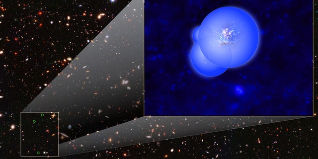This illustration of the EGS77 galaxy group shows the galaxies surrounded by overlapping bubbles of ionized hydrogen. By transforming light-quenching hydrogen atoms to ionized gas, ultraviolet starlight is thought to have formed such bubbles throughout the early universe, gradually transitioning it from opaque to completely transparent. (Credit: NASA, ESA and V. Tilvi (ASU))