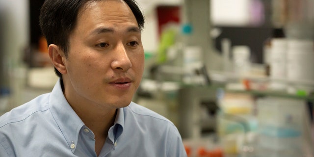 In this Oct. 10, 2018, photo, Chinese scientist He Jiankui speaks during an interview at his laboratory in Shenzhen in southern China's Guangdong province. Chinese state media says the researcher He has been sentenced to three years for practicing medicine illegally. He Jiankui was also fined 3 million yuan. Two others were also sentenced on the same charge. (AP Photo/Mark Schiefelbein)