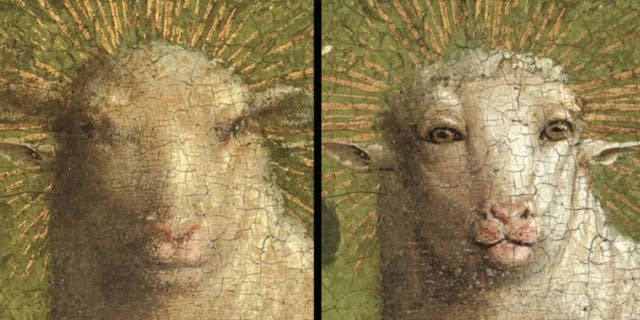 The Ghent Altarpiece's Lamb of God, seen before (left) and after the restoration. (The Royal Institute for Cultural Heritage)