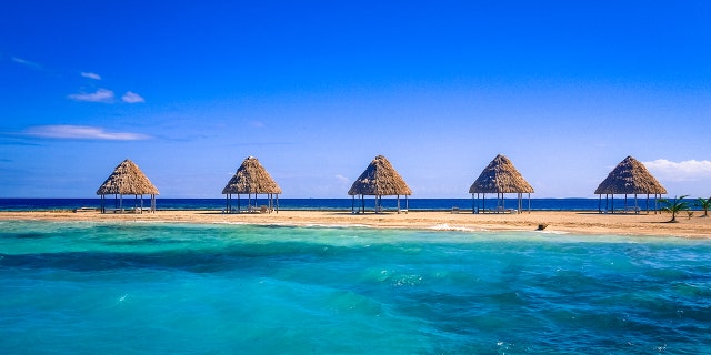 A row of thatched palapas on golden sand on the tiny island of Rendezvous Caye in the Belize Barrier Reef, off the coast of Belize, Central America