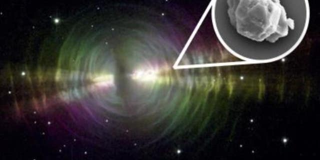 Dust-rich outflows of evolved stars similar to the pictured Egg Nebula are plausible sources of the large presolar silicon carbide grains found in meteorites like Murchison. (Image courtesy NASA, W. Sparks (STScI) and R. Sahai (JPL). Inset: SiC grain with ~8 micrometers in its longest dimension. Inset image courtesy of Janaína N. ávila.)