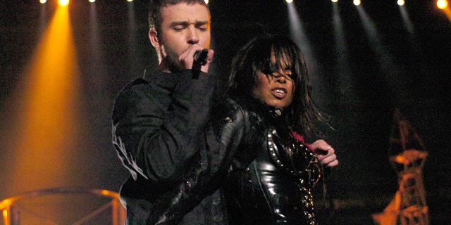 Janet Jackson and Justin Timberlake during The AOL TopSpeed Super Bowl XXXVIII Halftime Show Produced by MTV at Reliant Stadium in Houston, Texas, United States.