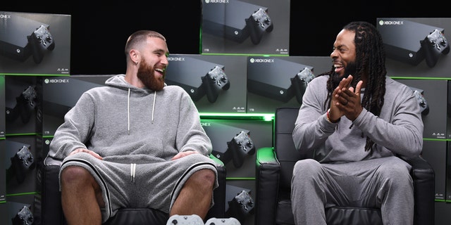 MIAMI, FLORIDA - JANUARY 28: Travis Kelce and Richard Sherman join the annual Xbox Sessions: Game Before the Game at M3 Studios on January 28, 2020 in Miami, Florida. (Photo by Dimitrios Kambouris/Getty Images for Xbox)