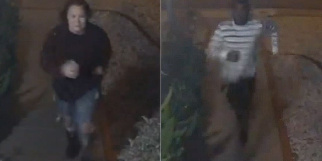 Police released the following images from a doorbell video that shows a young woman (left) before being attacked and kidnapped by an unidentified male (right).