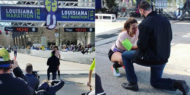 Morgan Pittman, 27, was running in the Louisiana Marathon in Baton Rouge on Sunday when she crossed the finish line to an incredible sight.<br>