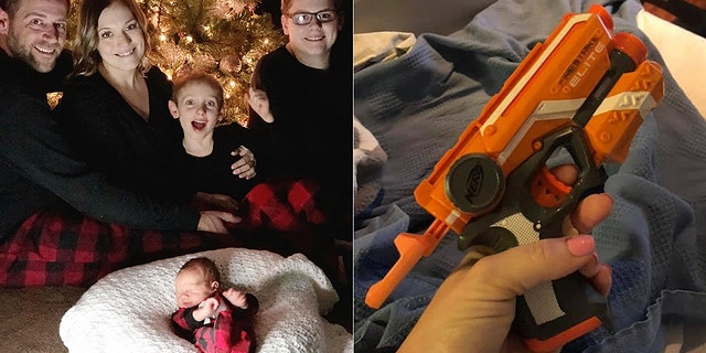Samantha Mravik-Miller and family, pictured left, and the Nerf gun she jokingly brought to the hospital to keep her husband awake in December, pictured right.